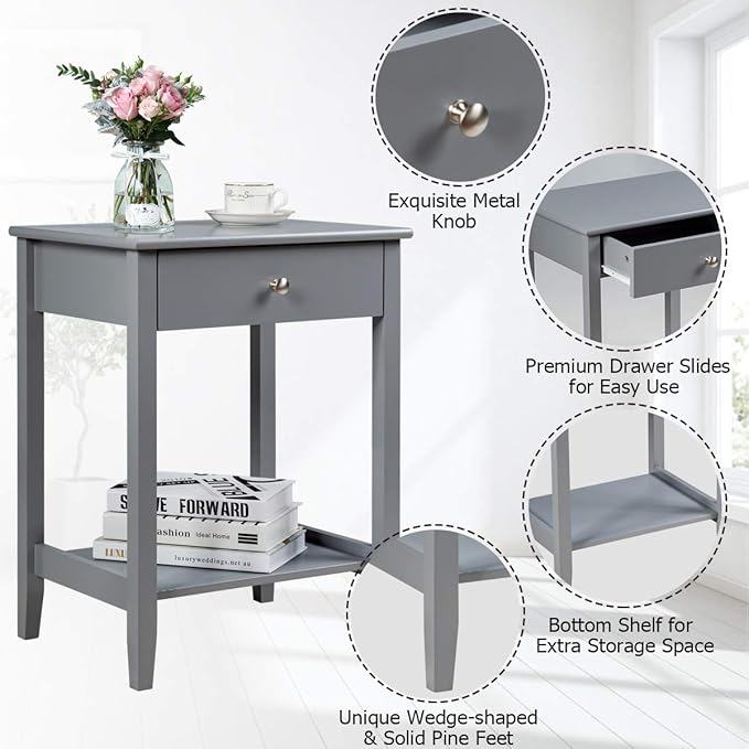 Giantex Nightstand Wooden 2-Tier Couch Sofa Side Table with Drawer, Storage Shelf, Solid Wood Legs,Mufti-Functional Home Furniture for Living Room Bedroom Study Room End Table (1, Gray)