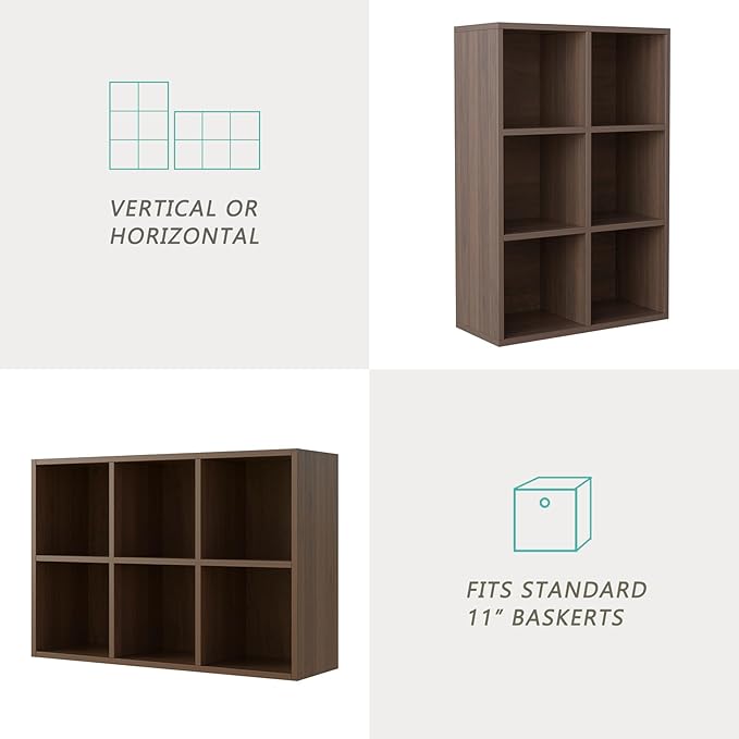 OSCHF 6-Cube Storage Shelf Bookcase - Wooden 3-Tier Floor Standing Open Bookshelf for Home and Office, Cuby Orgainzer, Walnut