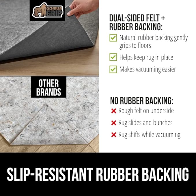 GORILLA GRIP Felt and Natural Rubber Stay in Place Slip Resistant Rug Pad, 1/4in Thick, 5x8 FT Protective Padding Under Area Rugs, Cushioned Gripper Pads, Carpet Runners, Hardwood Floors Protection
