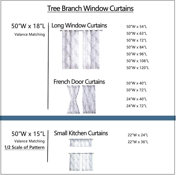 FMFUNCTEX Linen Semi Sheer Curtains for Bedroom, Sage Green White Curtains 45 Inches Long for Living Room, Grey Tree Branch Print Curtain Light Filtering Kitchen Window Drapes, Grommet Top 2 Panels