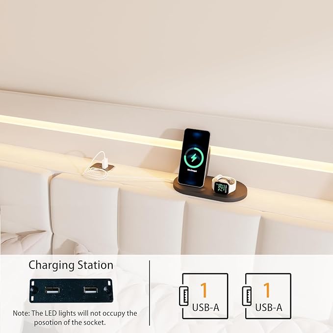 Floating King Size Bed Frame with RGB LED Lights & Charging Station, Upholstered Platform Bed with Hidden Storage Headboard & Shelves, Noise Free Heavy Duty Frame for Bedroom, Beige