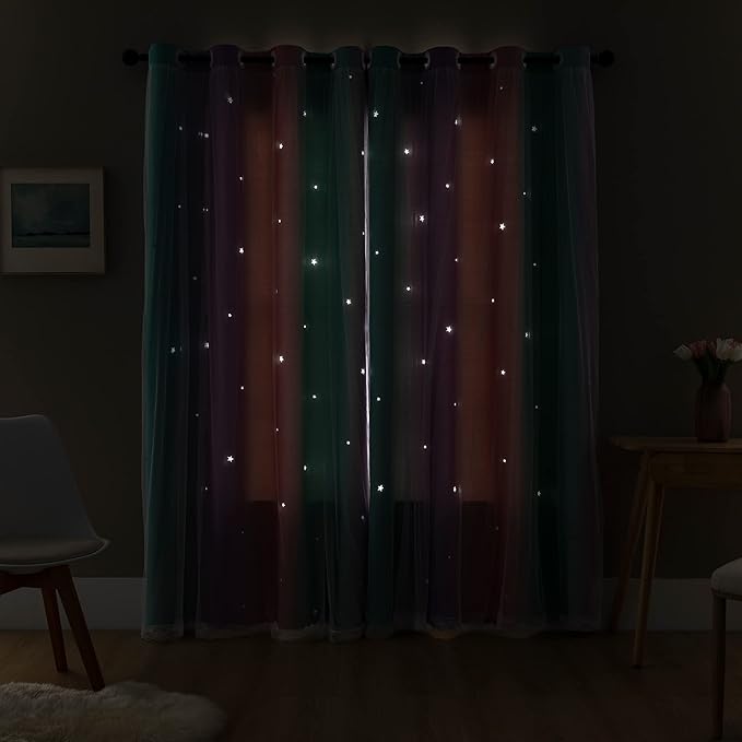 XiDi Dream Star Blackout Curtains for Kids Rooms Girl Princess Curtain for Daughter Bedroom Window (Pink Purple Green, W34 X L72)