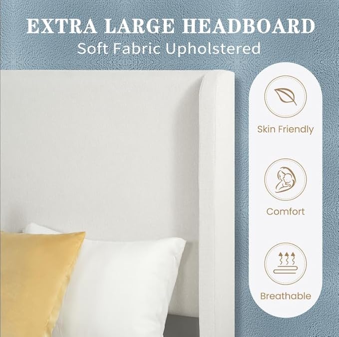 King Size Upholstered Bed Frame, Harper 54" Tall Headboard Platform Beds, Wingback Headboard Bedframes/No Box Spring Needed/Easy Assembly/Elegant Simplicit, Ivory Chenille
