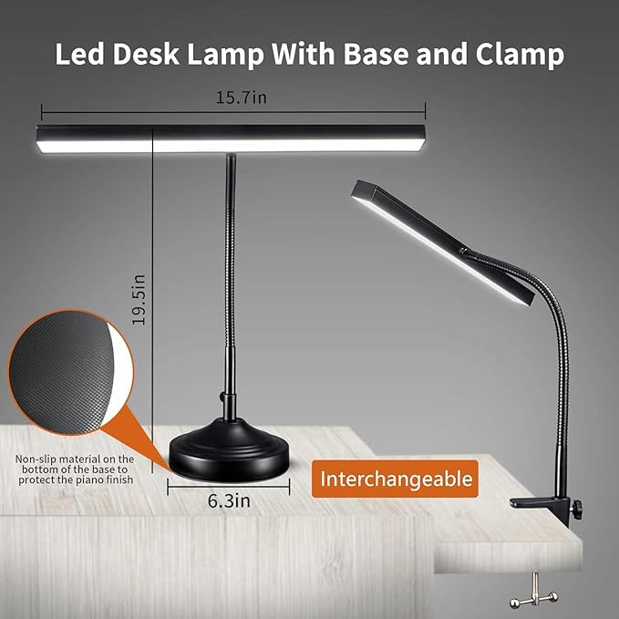 Piano Desk Lamp, 2-in-1 LED Piano Light for Upright Digital Grand Piano, 10W Flexible Gooseneck Table Lamp with 3 Color Modes×10 Brightness for Home Office Bedroom, Black (With Base and Clamp)