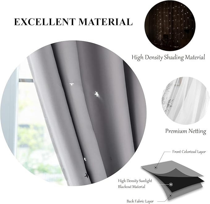 Star Double Layer Blackout Curtains for Bedroom, Kids - Cute, 96 Inches Long, 2 Panels Set, Grey, 42 X 96 Inches