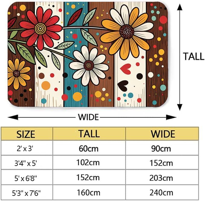 Machine Washable 5' x 7' Bohemian-Style Area Rug, Flowers Floor mat, Suitable for bedrooms, Girls' Room Bedside, Living Room, Dining Room, Office, Non-Slip Low-Pile Retro, Fashionable Carpet