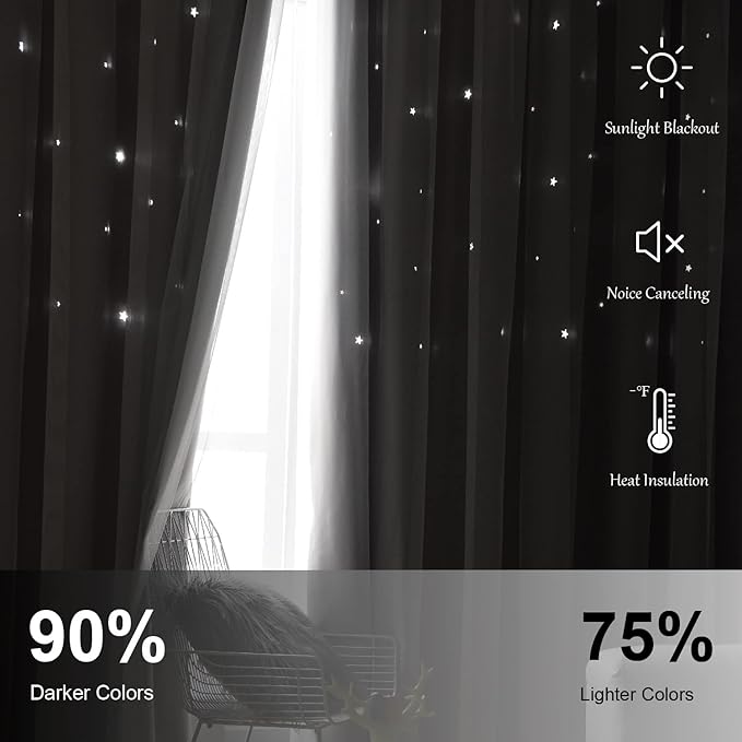 Star Curtains Blackout Curtains for Bedroom, Double Layer Curtains Nursery Curtains Cute Curtains, Kids Curtains for Girls, Curtains 108 Inches Long Set of 2, Pink Curtains, 52 X 108 Inches