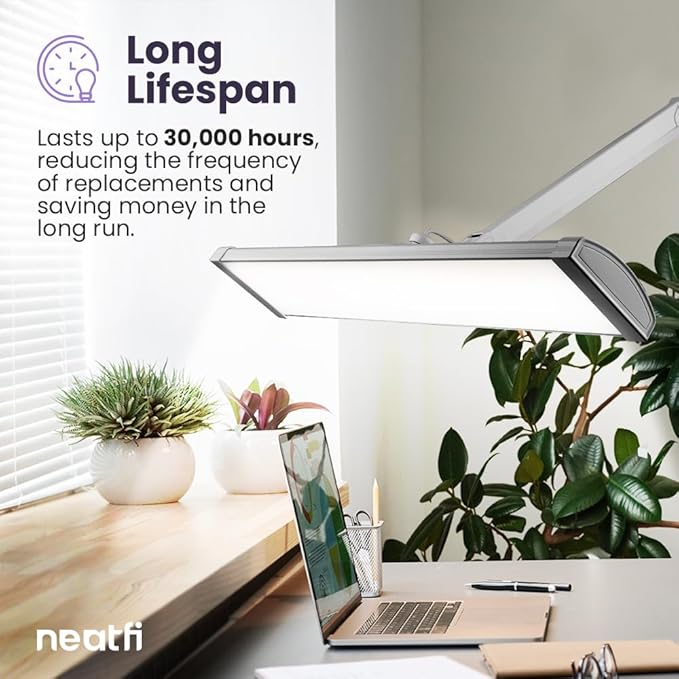 Neatfi Ultra 3,500 Lumen LED Desk Lamp, 45W, 26-Inch Wide Metal Shade, 270 SMD LEDs (Non-CCT with Clamp, Silver)