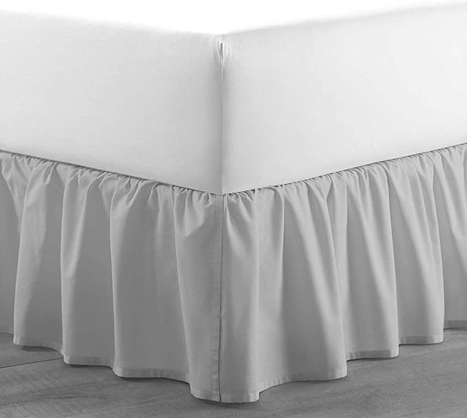 Light Grey Solid Ruffled Bed Skirt Cal-King-24 Inch Drop Split Corner, Microfiber Bedskirt with Platform Three Sided Coverage
