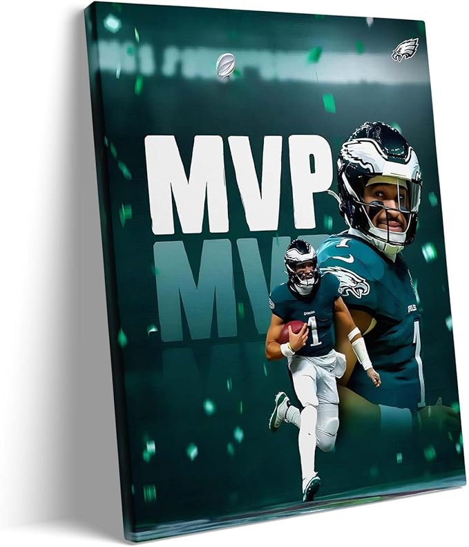 B.B.F MAKE 2025 Super Canvas Bowl Wall Art Champions MVP Hurts Canvas Wall Decor Eagles Poster Print Philadelphia Sports Star Picture Gift Modern Bedroom Living Room Home Decoration, Framed 16x20inch