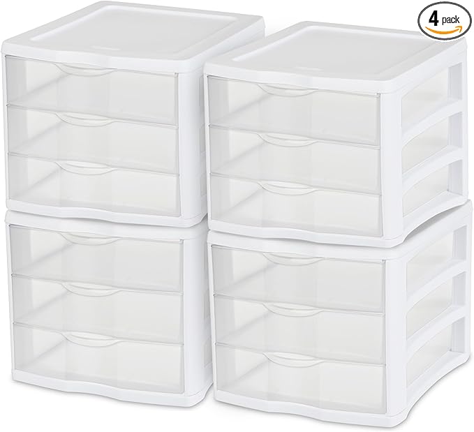Sterilite 4-Pack 3 Drawer Unit, Plastic Desktop Organizer with Clear Drawers, White Frame - Stackable Multi-Purpose Storage for Office Supplies, Craft Rooms, Classrooms and Home Organization