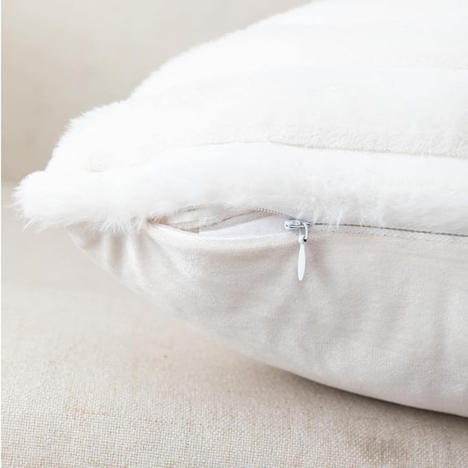 ZLINA Set of 2 Cream White Faux Fur Decorative Throw Pillow Covers Fluffy Striped Pillowcase Cushion Covers 16 x 16 Inch Decor Sofa Couch Bedroom