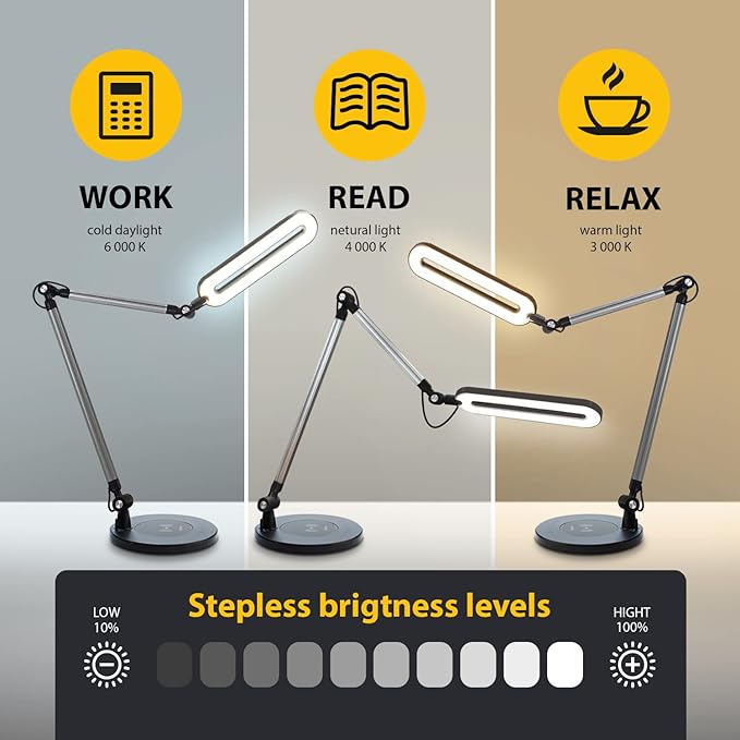 OTUS Desk Lamp for Home Office with Wireless Charger | LED Adjustable Architect Swing Arm Task Light for Computer Desk, Reading, Study & Video Calls | Dimmable Eye-Care Panel with Smart Memory