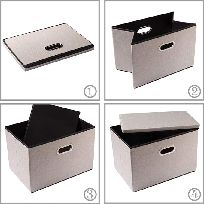 PRANDOM Large Foldable Storage Bins with Lids [3-Pack] linenFabric Decorative Storage Boxes Organizer Containers Baskets Cube with Handles Divider for Bedroom Closet Office Light Grey(17.7x11.8x11.8)
