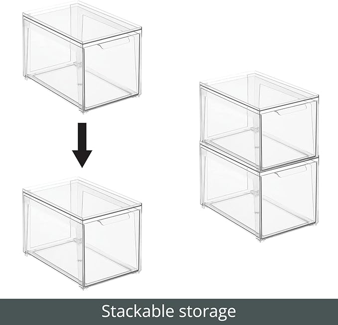 mDesign Plastic Stackable Bathroom Storage with Pull Out Bin Organizer Drawer for Cabinet, Vanity, Shelf, Cupboard, Cabinet, or Closet Organization - Lumiere Collection - 2 Pack - Clear