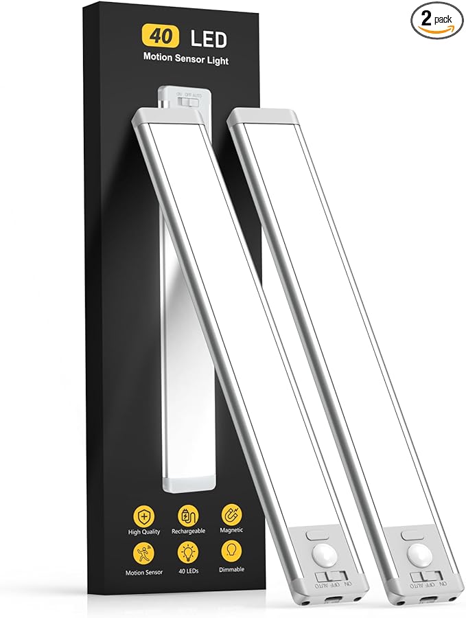 10inch Under Cabinet Lighting, 2 Pack Rechargeable Motion Sensor Light Indoor, 5 Levels Dimmable Magnetic Closet Lights, Wireless Under Counter Lights for Kitchen, Stairs