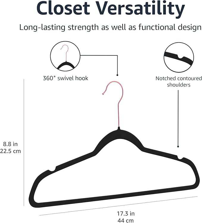 Amazon Basics Slim, Velvet, Non-Slip Suit Clothes Hangers, Black/Rose Gold - Pack of 100