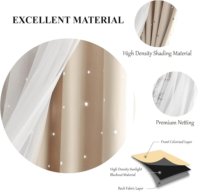 Star Double Layer Blackout Curtains for Bedroom & Kids, Cute, 108 Inches Long, 2 Panels Set, Beige, 42 X 108 Inches