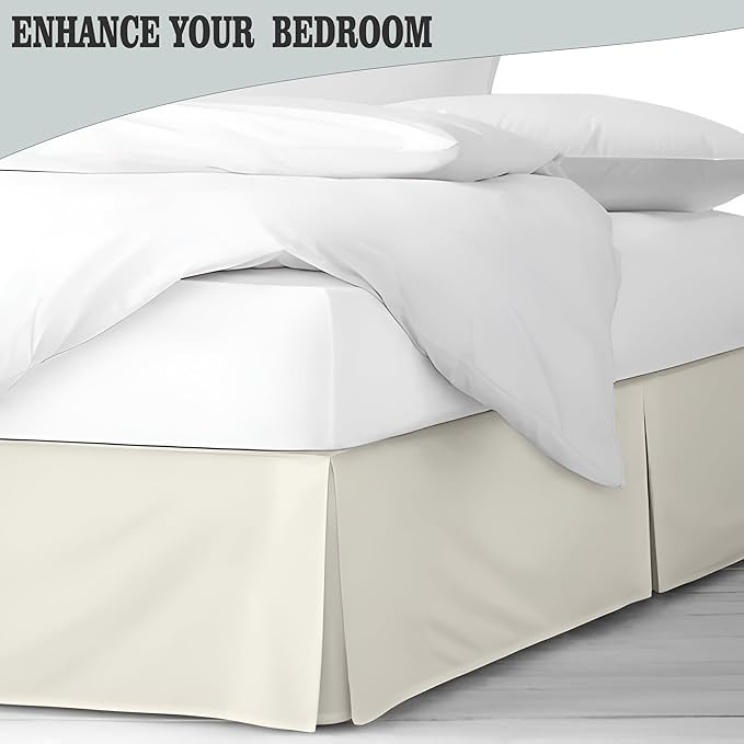 Pleated Bed Skirt Queen Size, 16" Drop with Platform Design for Secure Fit, Split Corners, Wrinkle-Resistant Microfiber for Modern Stylish Look, Tailored Bedding for Hotel Luxury - Ivory