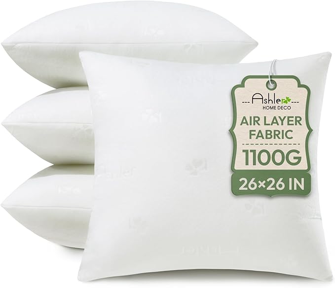 Ashler Throw Pillow Inserts 26 x 26 Inches Set of 4, Indoor Decorative Pillows, Soft and Firm Pillows with Air Layer, Square Cushion Sham Stuffer for Couch and Living Room