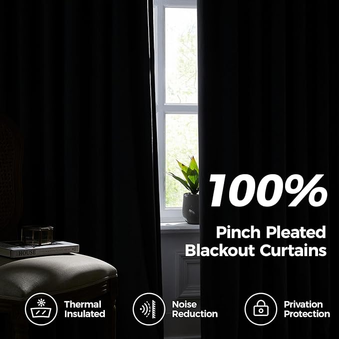 Pinch Pleated 100% Blackout Curtains for Bedroom, Red Velvet Curtains for Living Room, Black Out Curtain 102 inch Long Room Darkening, Blackout Pinch Pleat Drapes with Hooks 2 Panels