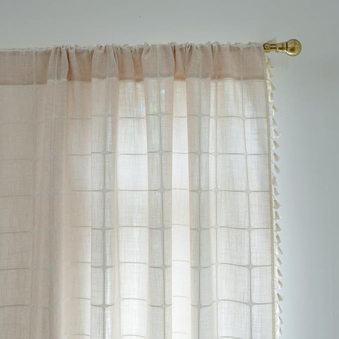 Sutuo Home Boho Curtains for Living Dining Room Bedroom 96 Inch Length, Light-filtering Vintage Chic Tassels Farmhouse Linen Window Treatment Bohemian Drape, 1 Panel 52" W x 96" L, Light Coffee Plaids