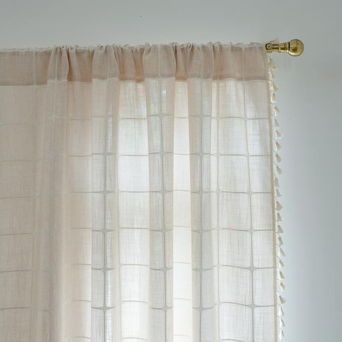 Sutuo Home Boho Curtains for Kitchen Kid's Room 72 Inch Length,Bohemian Farmhouse Vintage Chic Beige Tassels Linen Light Filtering Window Treatment Drape, 1 Panel 52" W x 72" L, Light Coffee Plaids