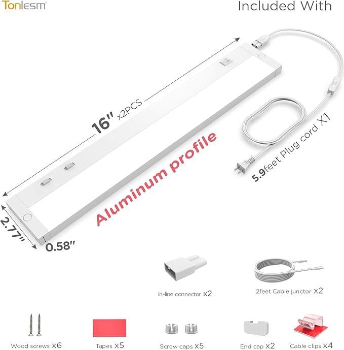 Tonlesm16 Inch Under Cabinet Lighting Plug in, 9W 120V 3 Color 3000K/4000K/5000K, 3 Brightness, Super Bright, Ultra Thin Under Counter Lights for Kitchen, Linkable LED Cabinet Light, White 2Pack