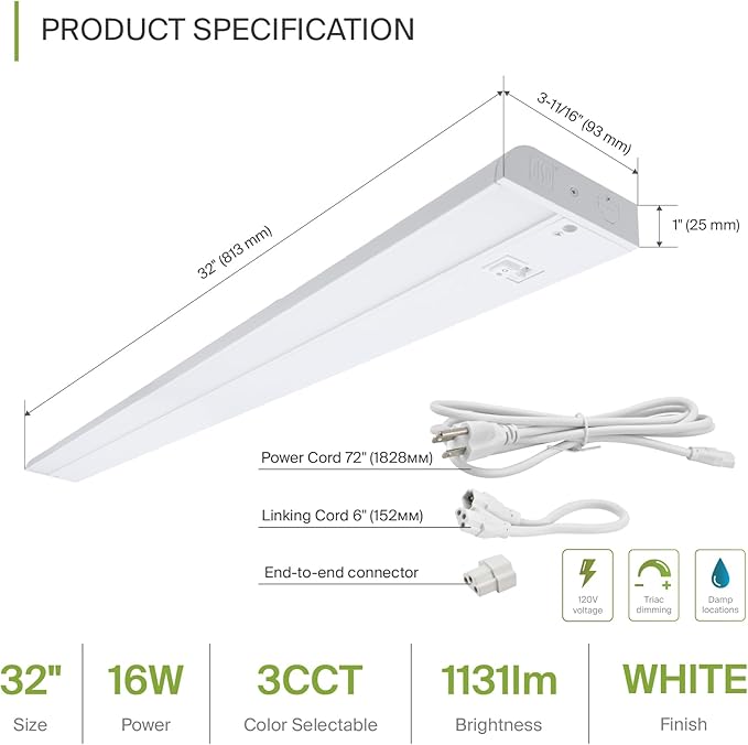 ASD 32 Inch LED Under Cabinet Lighting Plug in or Hardwired, High/Low/Off Switch, 16W 120V 3 CCT 2700K/3000K/4000K CRI90+, Triac Dimmable Linkable Under Counter Lights for Kitchen, ETL Listed, White