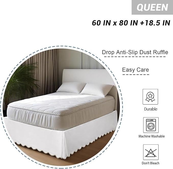 HIG Queen Bed Skirt - Easy Fit Scallop Edge Pleated Bedskirts With Spilt Coner, 18 Inch Drop Anti-Slip Dust Ruffle, Thick Fabric for Enhanced Privacy, Pre-Washed for Long-Lasting Use, Machine Washable