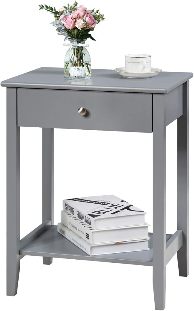 Giantex Nightstand Wooden 2-Tier Couch Sofa Side Table with Drawer, Storage Shelf, Solid Wood Legs,Mufti-Functional Home Furniture for Living Room Bedroom Study Room End Table (1, Gray)