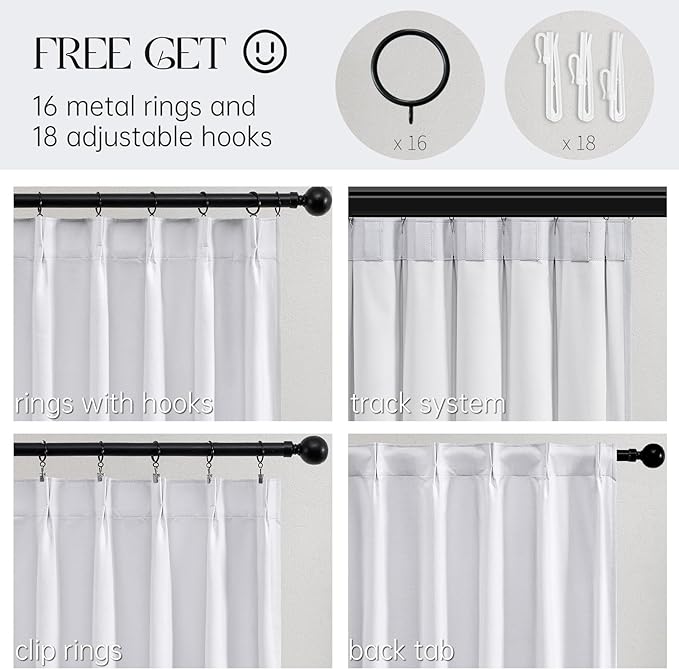 Topfinel White 105 Inches Long Custom Blackout Linen Curtains, Pinch Pleated Noise Cancelling Curtains with Pin Hooks for Traverse Rods, Viral Drapes 2 Panels for Living Room Master Bedroom