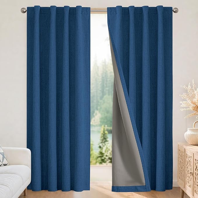 Joydeco Blackout Curtains for Bedroom - 96 Inch Long 100% Light Blocking 2 Panels Navy Blue Drapes, Thermal Insulated Room Darkening Curtains, Linen Textured for Living Room, Rod Pocket & Back Tabs