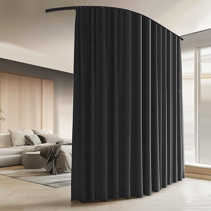 Room Divider Curtains with Ceiling Curtain Track Set Window Curtain for Bedroom,Living Room Total Blackout Thermal Insulated Privacy Ceiling Track Curtain W 9 × H 6 FT Black drape&Black track