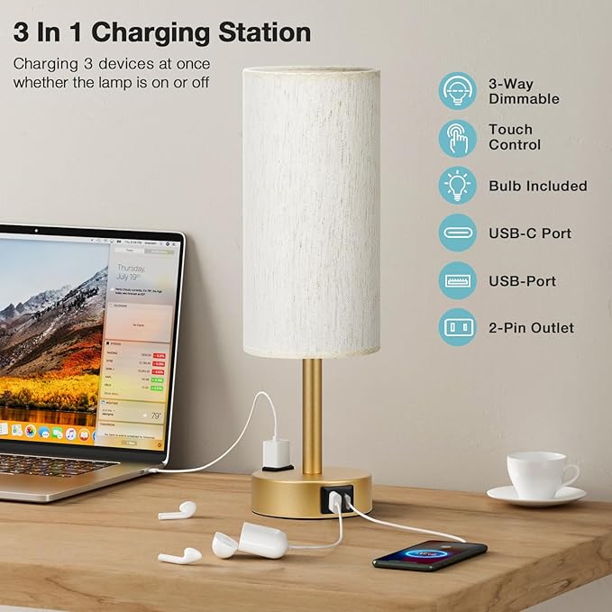 Fenmzee Gold Nightstand Bedroom Lamp - 3 Way Dimmable Bedside Lamp USB C A Charging Ports and AC Outlet, Small Table Lamp Linen Lampshade for Office Desk, LED Bulb Included