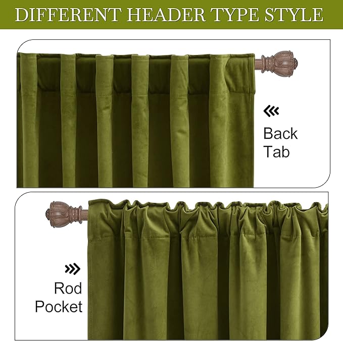 RYB HOME Velvet Curtains 63 inches Length, Back Tab & Rod Pocket Soft Fabric Curtains & Drapes for Bedroom Bathroom Cafe, Moss Green, W 42 x L 63, 2 Panels Set