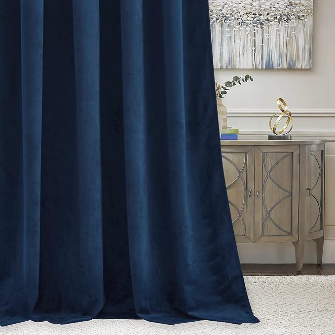 RYB Home Blue Velvet Curtains 90 inches - Blackout Curtains for Living Room, Thermal Insulated Noise Reducing Panels Soft Luxury Window Decor for Kids Bedroom, Navy Blue, W52 x L90 inches, 2 Panels