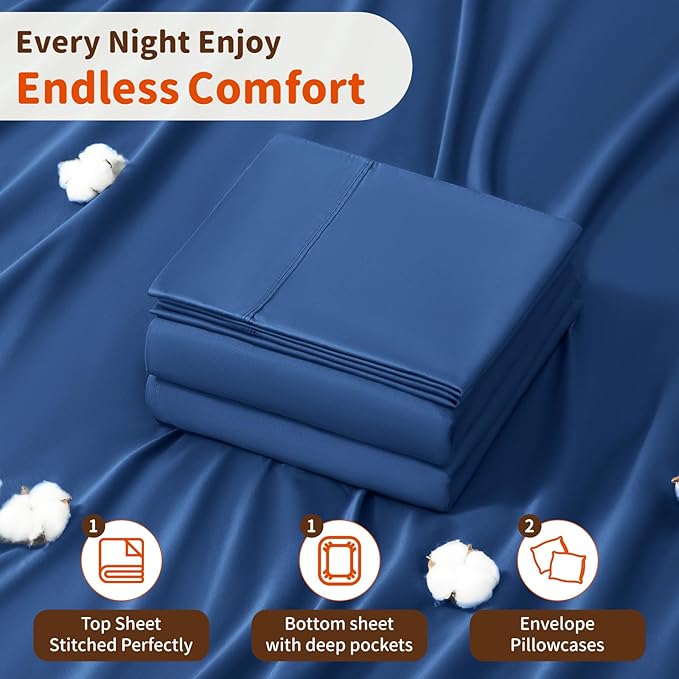 LBRO2M 100% Cotton Sheets Set Deep Pocket 24", 1000 Thread Count Queen Size 4 Piece Bed Sheet Sets Soft Comfortable Bedding All Season (Queen, Navy Blue)