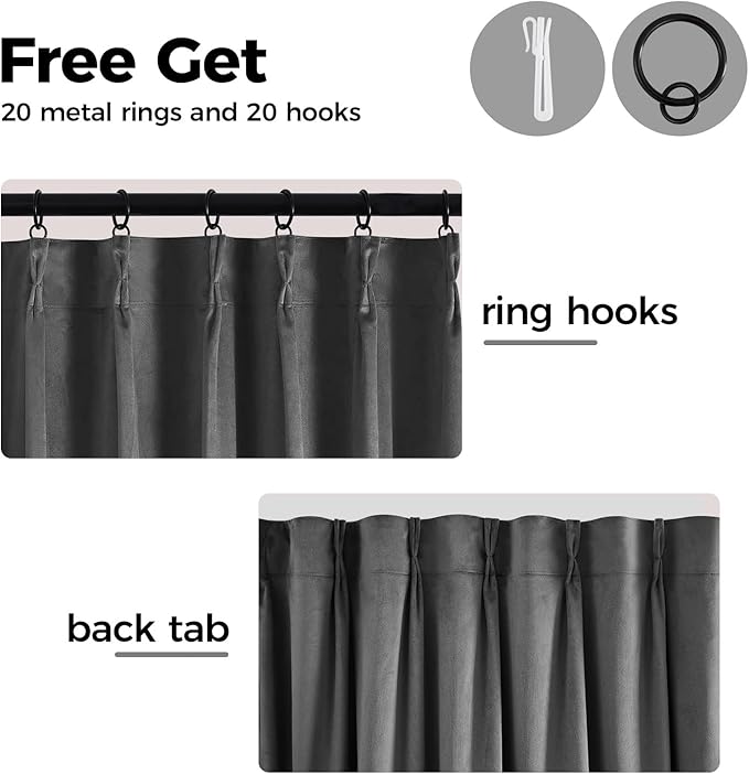 Pinch Pleated 100% Blackout Curtains for Bedroom, Grey Velvet Curtains for Living Room, Black Out Curtain 108 inch Long Room Darkening, Blackout Pinch Pleat Drapes with Hooks 2 Panels