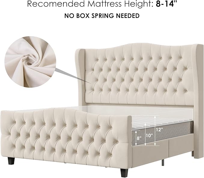 Keyluv King Size 54.3” Tall Platform Bed Frame with Deep Button Tufted Wingback Headboard and Footboard, Velvet Upholstered Bed Frame with Handmade Pleats, No Box Spring Needed, Beige/Cream
