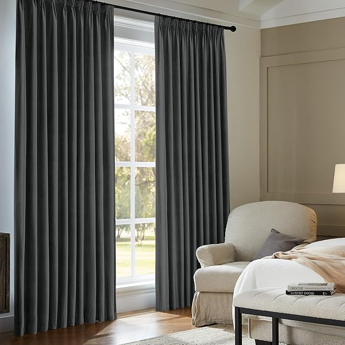 Pinch Pleated 100% Blackout Curtains for Bedroom, Grey Velvet Curtains for Living Room, Black Out Curtain 90 inch Long Room Darkening, Blackout Pinch Pleat Drapes with Hooks 2 Panels