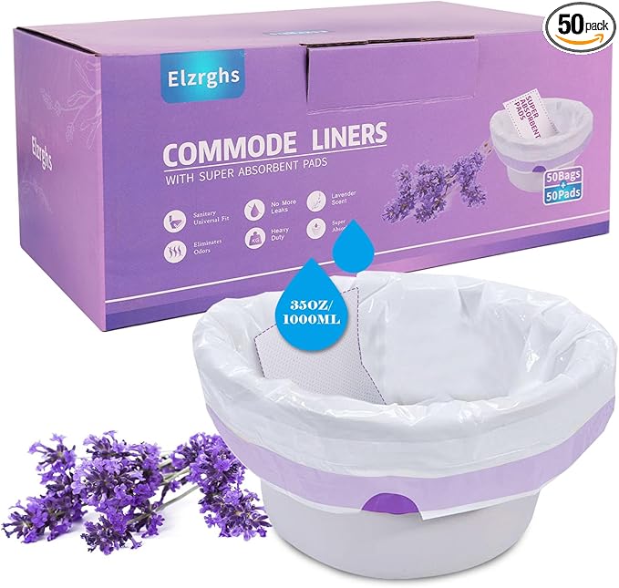 Commode Liners with Absorbent Pads for Bedside Commode, Commode Toilet,50 La-Vender Scented Bedside Commode Liners and 50 Commode Pads, White