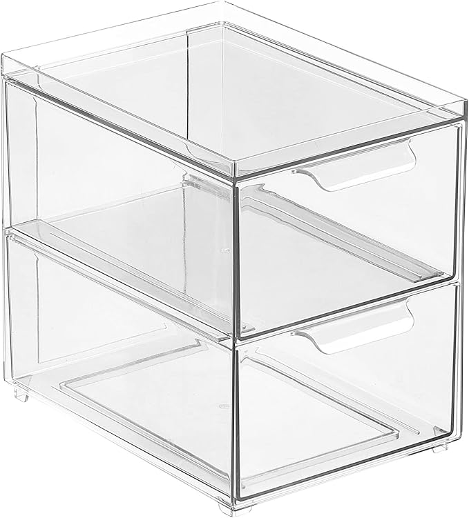 mDesign Stackable Storage Containers Box with 2 Pull-Out Drawers - Stacking Plastic Drawer Bins for Kitchen Pantry and Cupboard, Cabinet, Counter, Island and Tables - Lumiere Collection - Clear