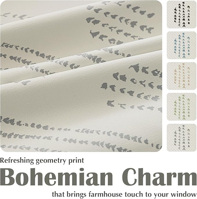 100% Boho Blackout Curtains 63 Inches Long for Bedroom, Grey on Beige Patterned Bohemian Curtains for Living Room, Geometric Striped Thermal Insulated Window Drapes Gromment Top 2 Panels