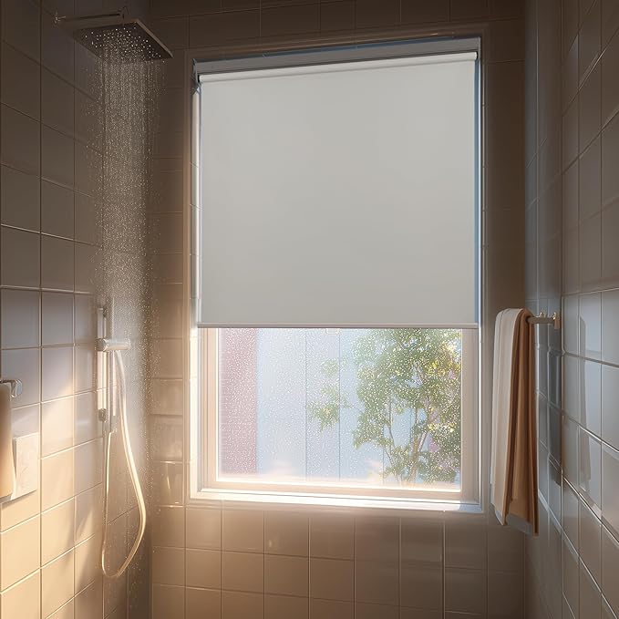 HESTIA No Drill Cordless Blackout Roller Shades Screwless Waterproof Shower Window Blinds, Auto-Retraction Easy Install Blind for Bathroom/Kitchen/Office/Exterior, White, 39" W x 72" H