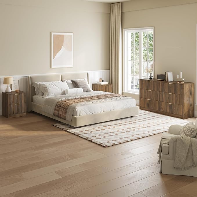 6 Drawer Dresser & Nightstand Set 3-Piece, 55” Wide Fluted Dresser and Night Stand Set of 2 with Metal Handle, Modern Wood Chest of Drawers Storage Dressers Set for Bedroom, Walnut