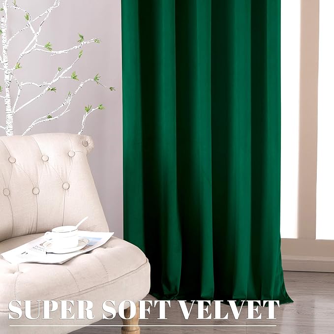 nanbowang Green Velvet Curtains - 42 Inches Width 72 Inches Long Soft Curtain Rod Pocket Thermal Insulated Drapes Window Treatment for Bedroom 2 Panels