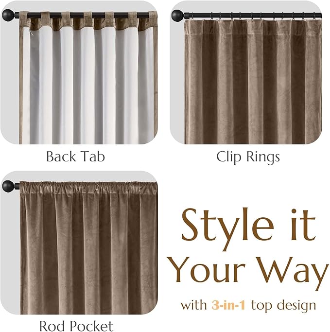 Lazzzy Dark Brown Blackout Velvet Curtains 96 Inches Long Thermal Insulated Blackout Curtain Drapes Luxury Back Tab Window Treatments for Bedroom Living Room 2 Panels, 52 x 96 Inch, Truffle