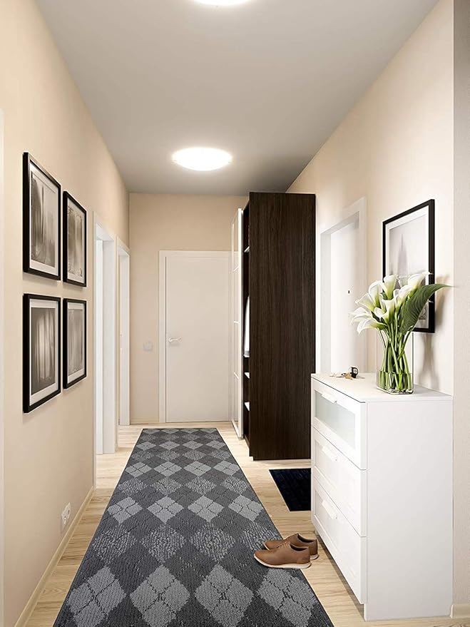 Custom Length Hallway Runner Rug,Slip Resistant,Squares Anthracite, 26 Inch X 19 feet, Sold and Priced Per Foot