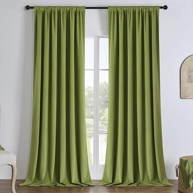 Joydeco Moss Green 100% Blackout Curtains 108 Inch 2 Panels, Luxury Thermal Green Velvet Curtains for Bedroom Living Room, Soundproof Blackout Window Drapes, Rod Pocket & Back Tab (52W x 108L)